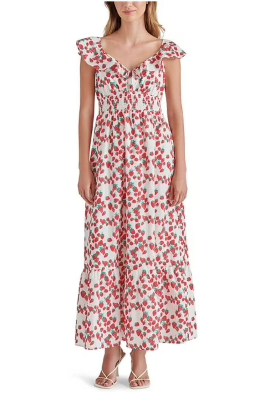 Betsey Johnson Strawberry Print Smocked Cotton Voile Ruffle Neck Maxi Dress Sz L